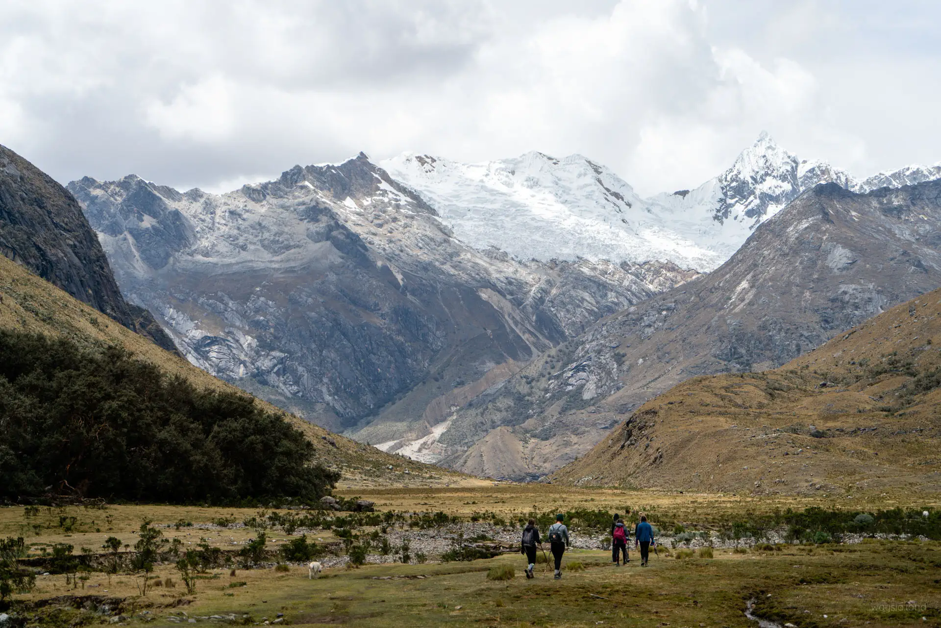 Heading back down towards the desert area. Mt Artesonraju (6025m top right)