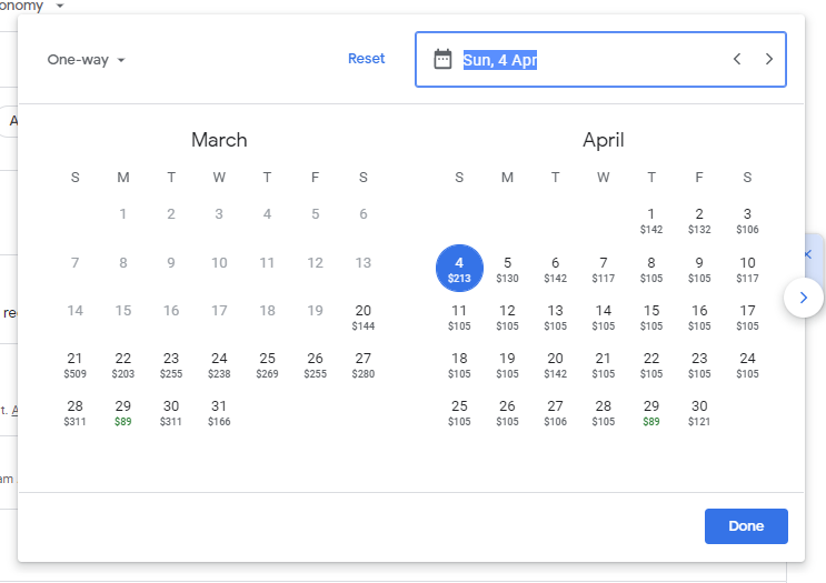 Google Flights date selector